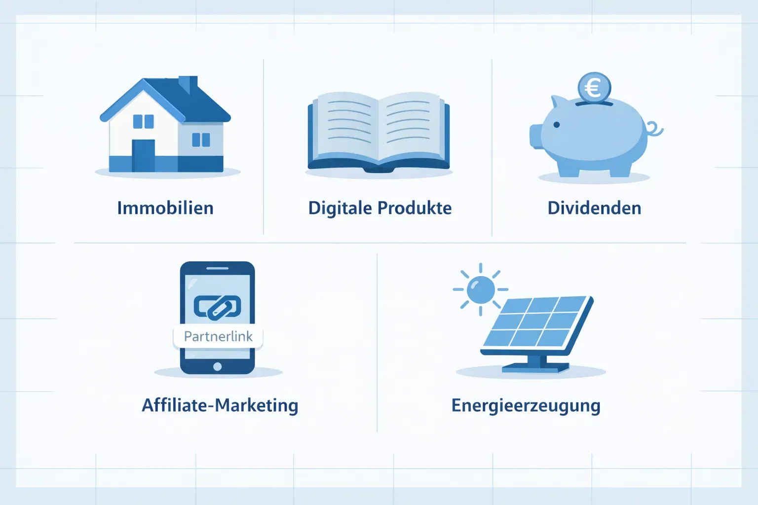 Flat-lay infographic style landscape image () showing five distinct icons arranged in a clean grid: a house (Immobilien), a