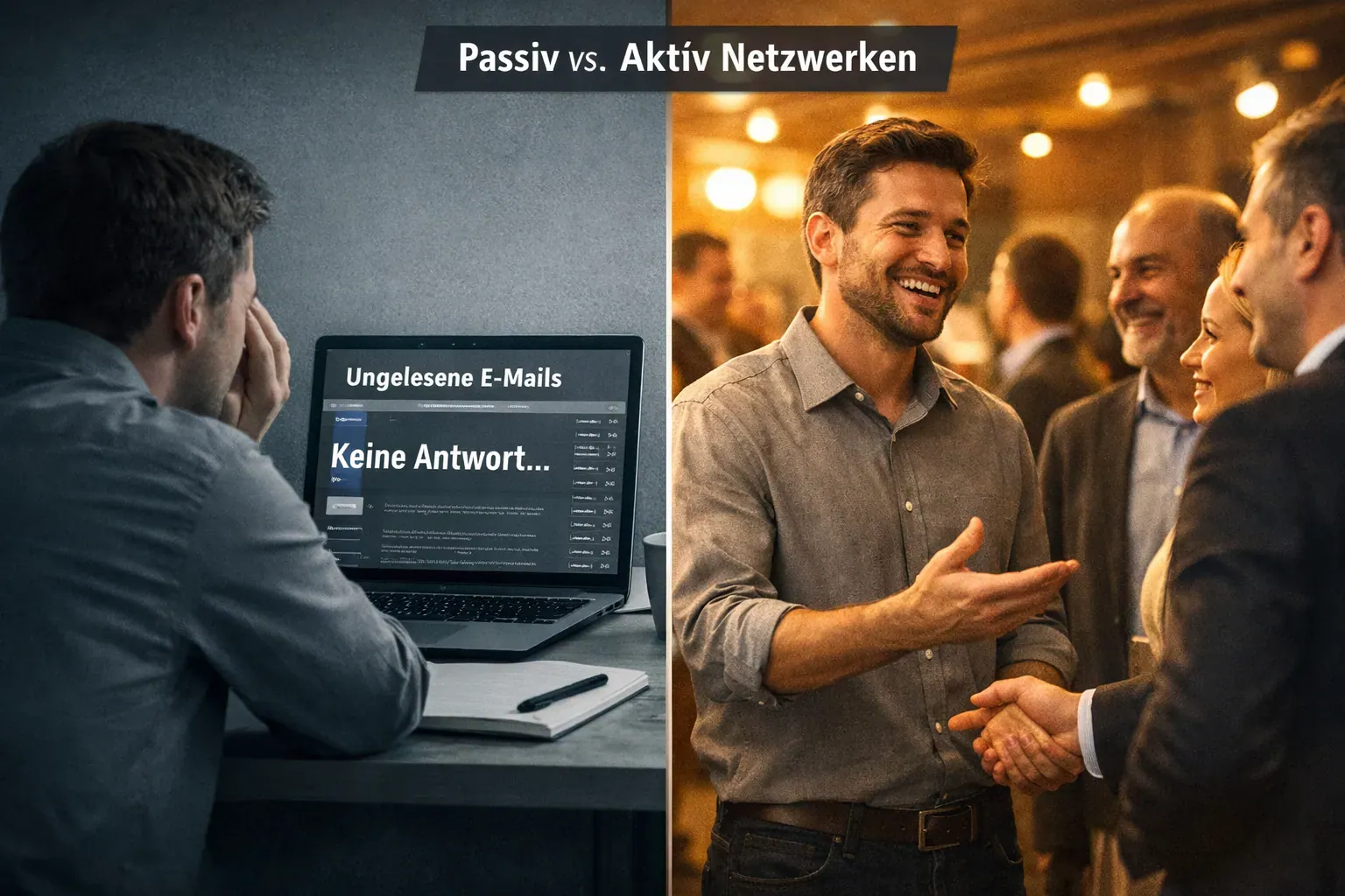 () split-scene image contrasting two professionals: left side shows a person alone at a desk staring at an unanswered email