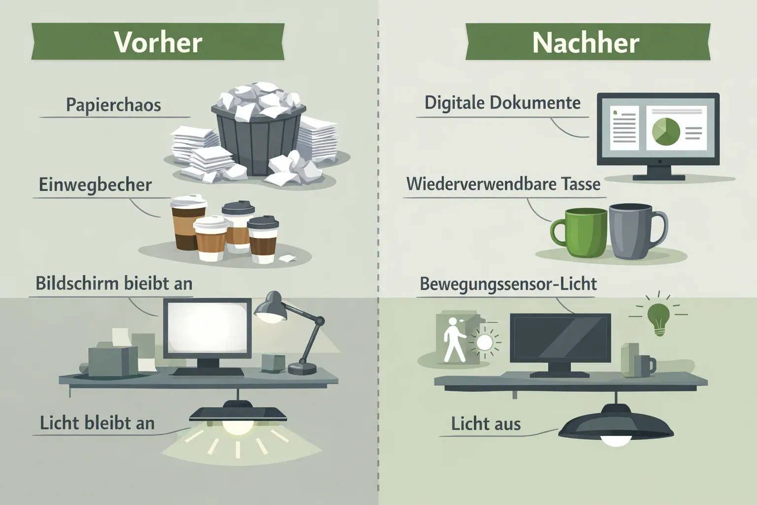 () infographic-style illustration showing a split-scene office comparison: left side depicts wasteful habits (overflowing