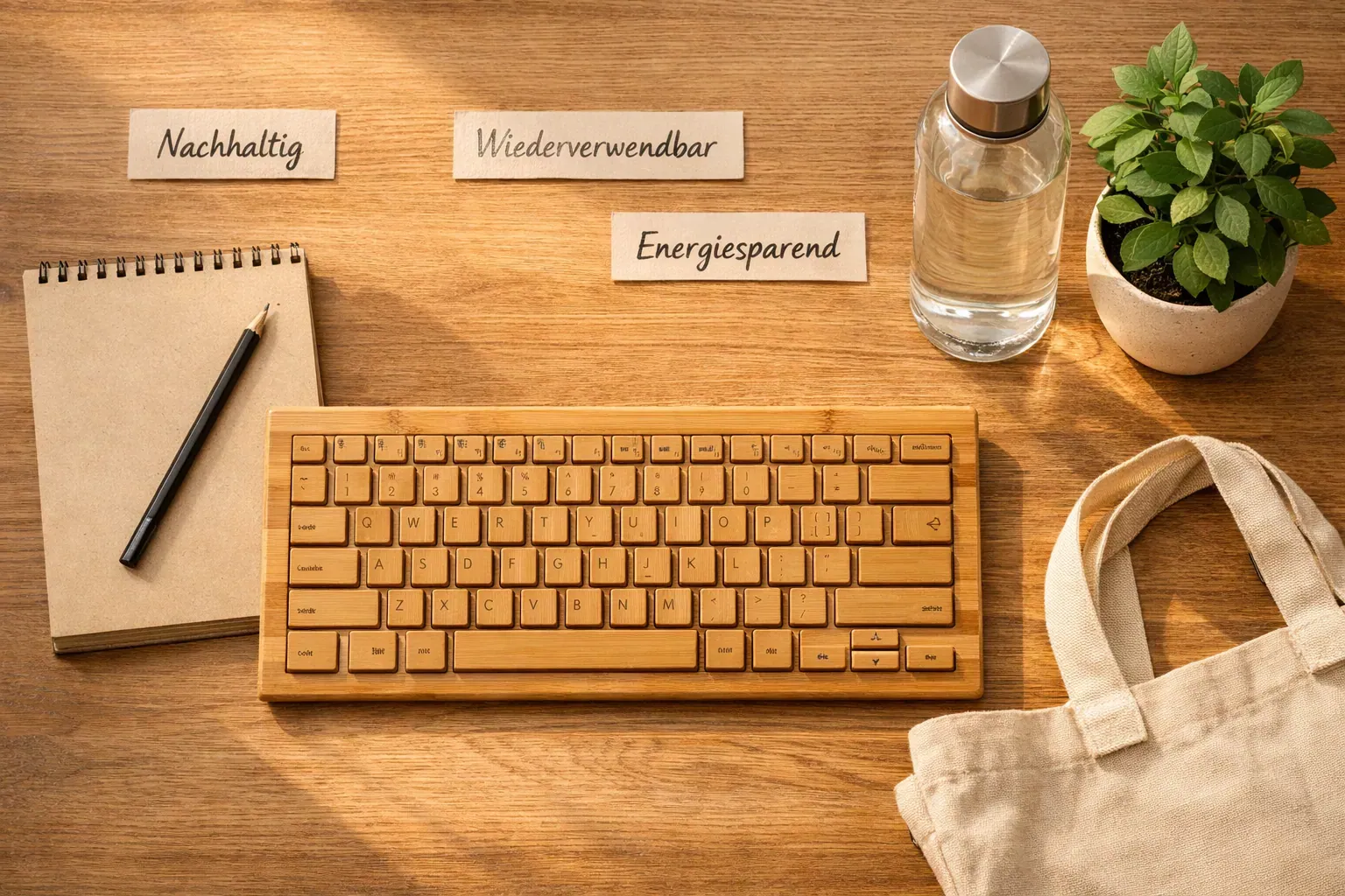 () showing a top-down flat-lay of a tidy office desk with a bamboo keyboard, recycled paper notepad, a glass water bottle, a