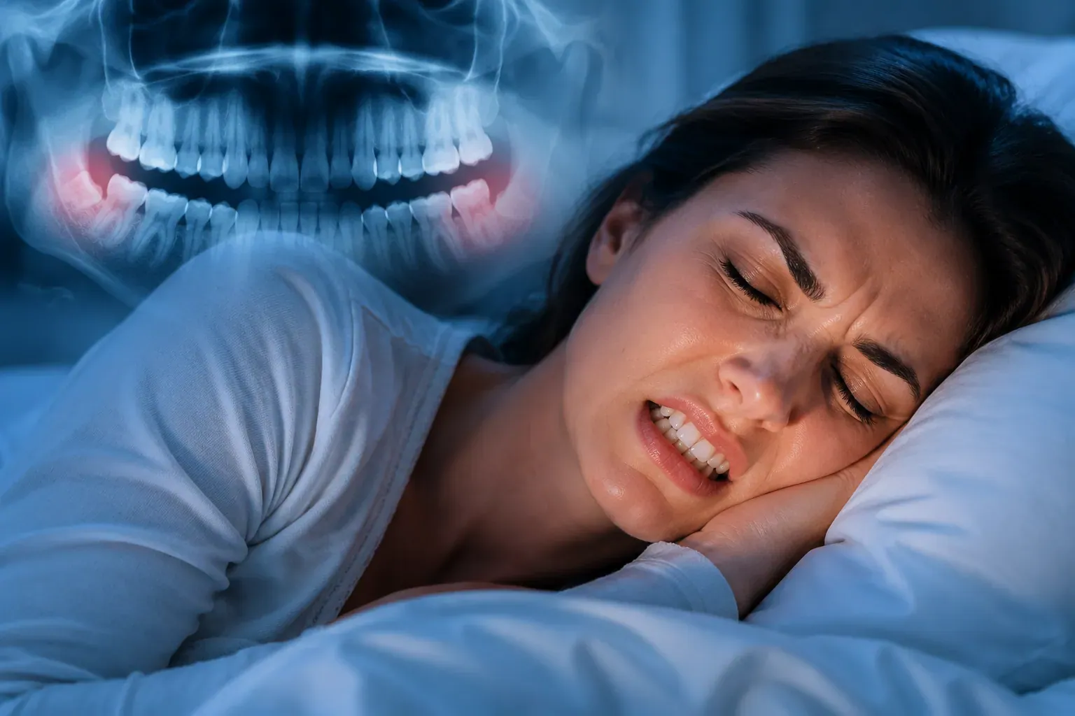 Professional () hero image showing a close-up of a stressed person sleeping with jaw clenched, soft clinical lighting in