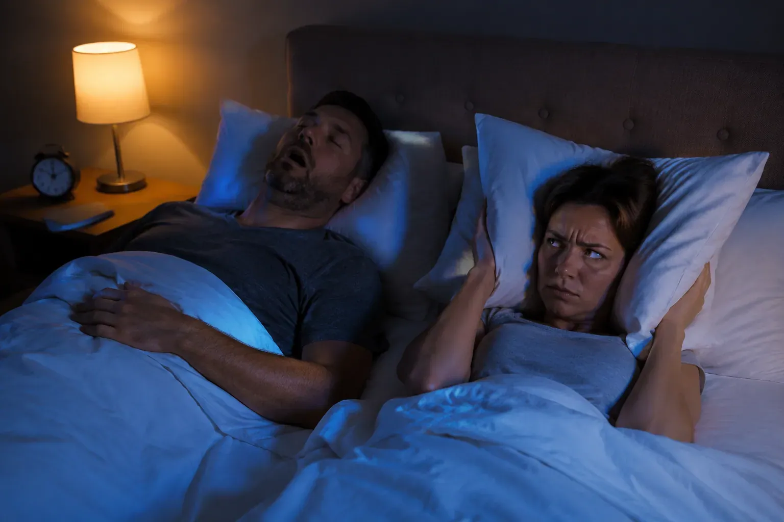 Professional () editorial hero image showing a sleeping couple in a dimly lit bedroom, one partner visibly disturbed by the