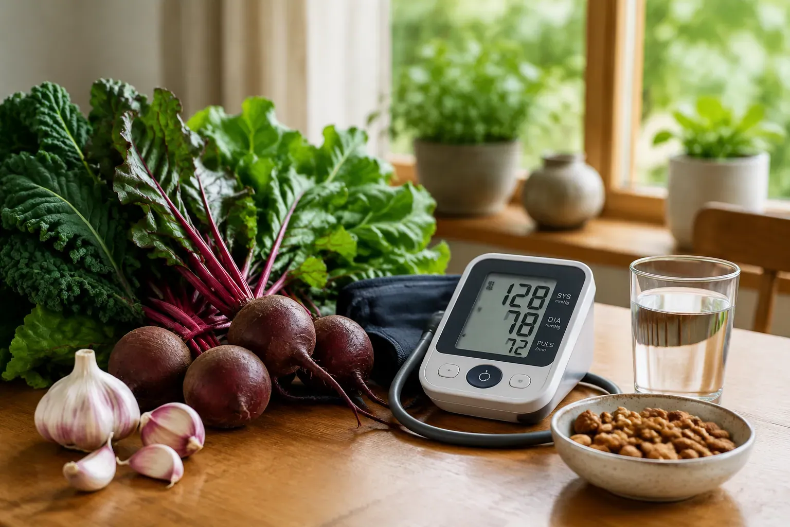 Professional () hero image showing a serene wellness scene with a wooden table displaying fresh vegetables including dark