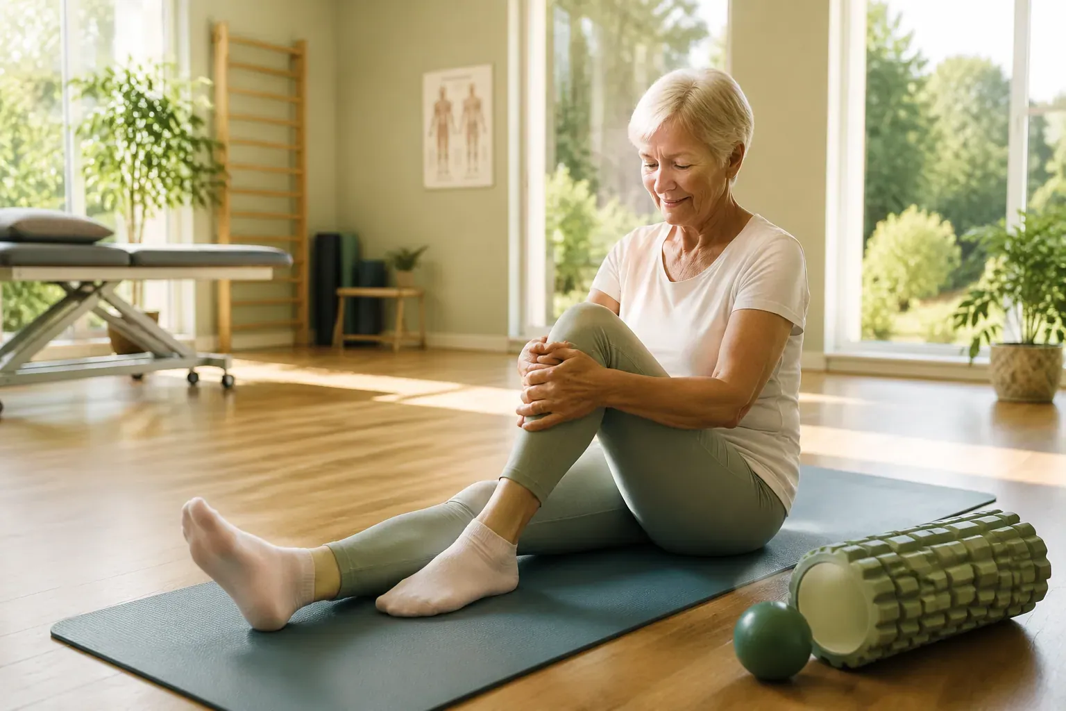Professional () hero image showing an older adult woman in light athletic wear performing gentle knee exercises on a yoga